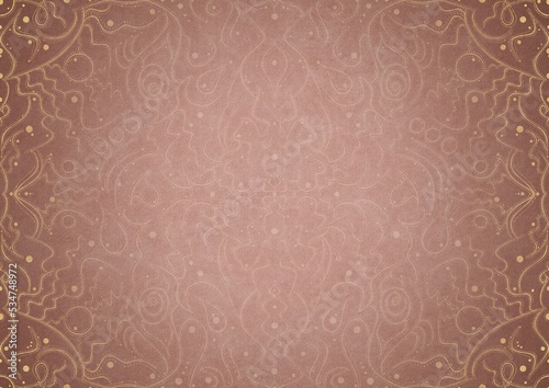 Hand-drawn unique ornament. Light semi transparent pink on a pale pink background, with vignette of same pattern in golden glitter on a darker background color. Paper texture. A4. (pattern: p07-2a)