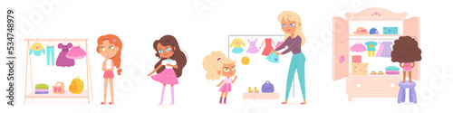 Girls choose clothes set, isolated scenes from shopping mall or home wardrobe room