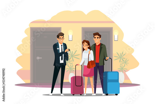 Hotel worker giving apartment key to guests with bags in hand vector illustration. Family standing in corridor in front of entrance doors, tourist character booking room for holidays and travel