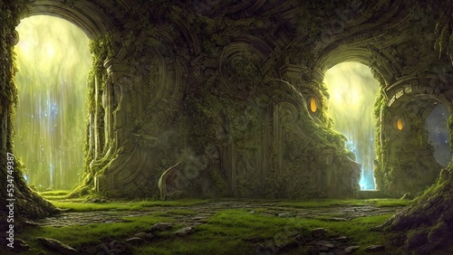 Old palace stone corridor, portal, passage to another world. Stone arches with magical light, runes. Fantasy palace interior with a portal. 3D illustration. photo