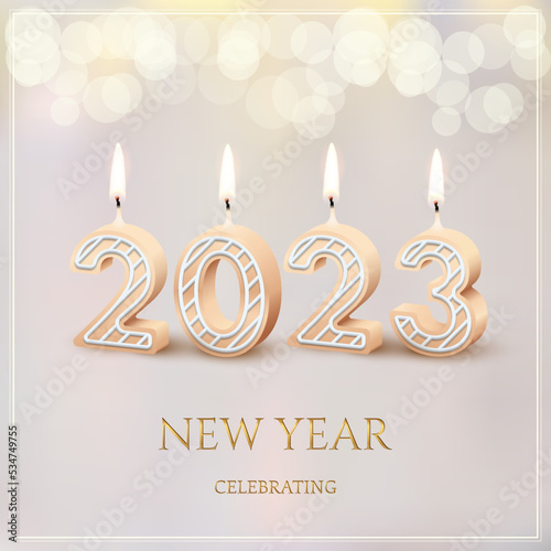 2023 New Year holiday party celebrating, greeting card vector illustration. 3d realistic gold New Year text, 2023 candle numbers with icing and fire, candlelight decor for romantic celebration.