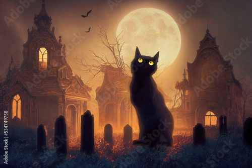 Black cat silhouette against full moon  spooky cemetery and ruins at Halloween night. Generative AI illustration