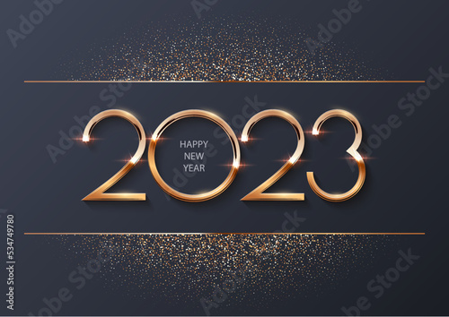 Glowing shiny golden new 2023 year numbers with glitter on gray background. Festive winter holiday merry Christmas decoration. Vector 2023 New Year illustration