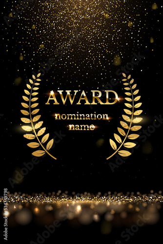 Winner nomination award with gold laurel vector illustration. Luxury reward or certificate poster with wreath and golden falling glitter confetti decoration and glow light effect background