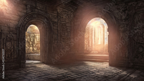 Old palace stone corridor  portal  passage to another world. Stone arches with magical light  runes. Fantasy palace interior with a portal. 3D illustration.