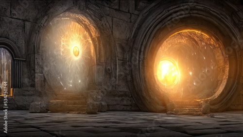 Old palace stone corridor, portal, passage to another world. Stone arches with magical light, runes. Fantasy palace interior with a portal. 3D illustration.