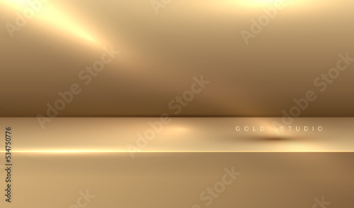 Luxury gold studio podium display empty room with spotlight use for show product. Vector stage for display cosmetic products.	
