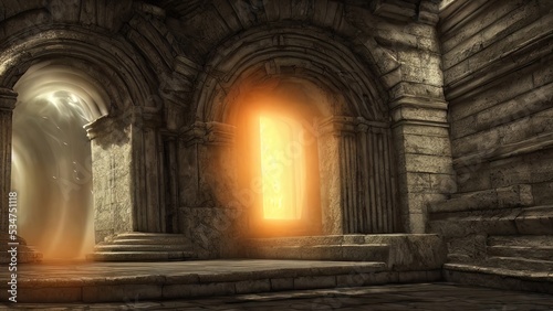 Old palace stone corridor, portal, passage to another world. Stone arches with magical light, runes. Fantasy palace interior with a portal. 3D illustration.