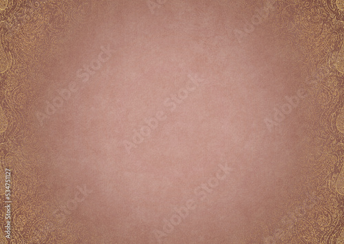 Pale pink textured paper with vignette of golden hand-drawn pattern and golden glittery splatter on a darker background color. Copy space. Digital artwork, A4. (pattern: p01b)