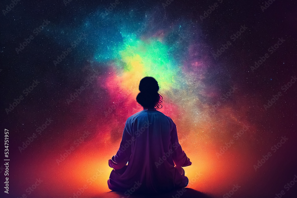 3d illustration of woman in lotus position meditating in stars space milky way background