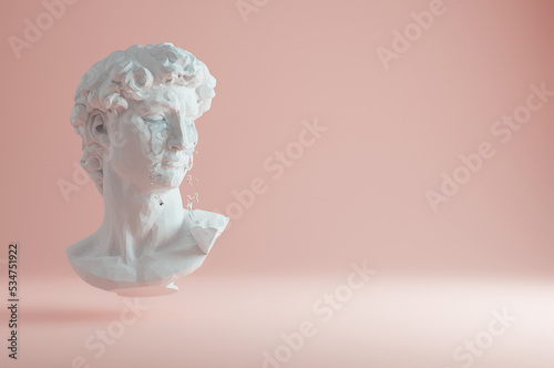 Crying low-poly head sculpture. 3D modern template on a pastel pink background.