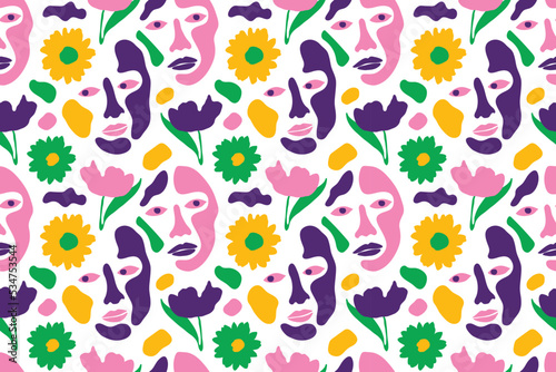 seamless repeating pattern with faces and flowers