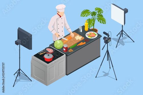 Isometric Chef Cook Recording Video On Camera at Kitchen. Chief In White Uniform Blogger, Food Blogger or Cooking Video Blog Concept. Online Cooking Chef Courses.
