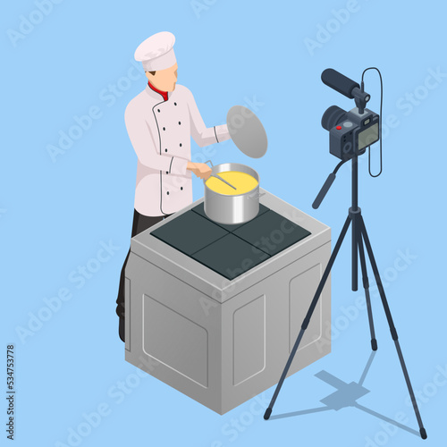 Isometric Chef Cook Recording Video On Camera at Kitchen. Chief In White Uniform Blogger, Food Blogger or Cooking Video Blog Concept. Online Cooking Chef Courses.