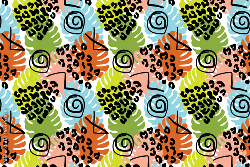 seamless pattern with animal skin and tropical leaves