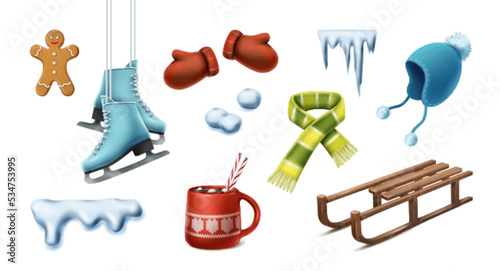 Cartoon style vector icon. Collection of winter icons, cacao, snow, sledge, scarf, hat, gloves, gingerbread man. Isolated on white background.