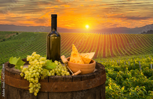 White wine with barrel on famous vineyard in Chianti, Tuscany, Italy. High quality photo