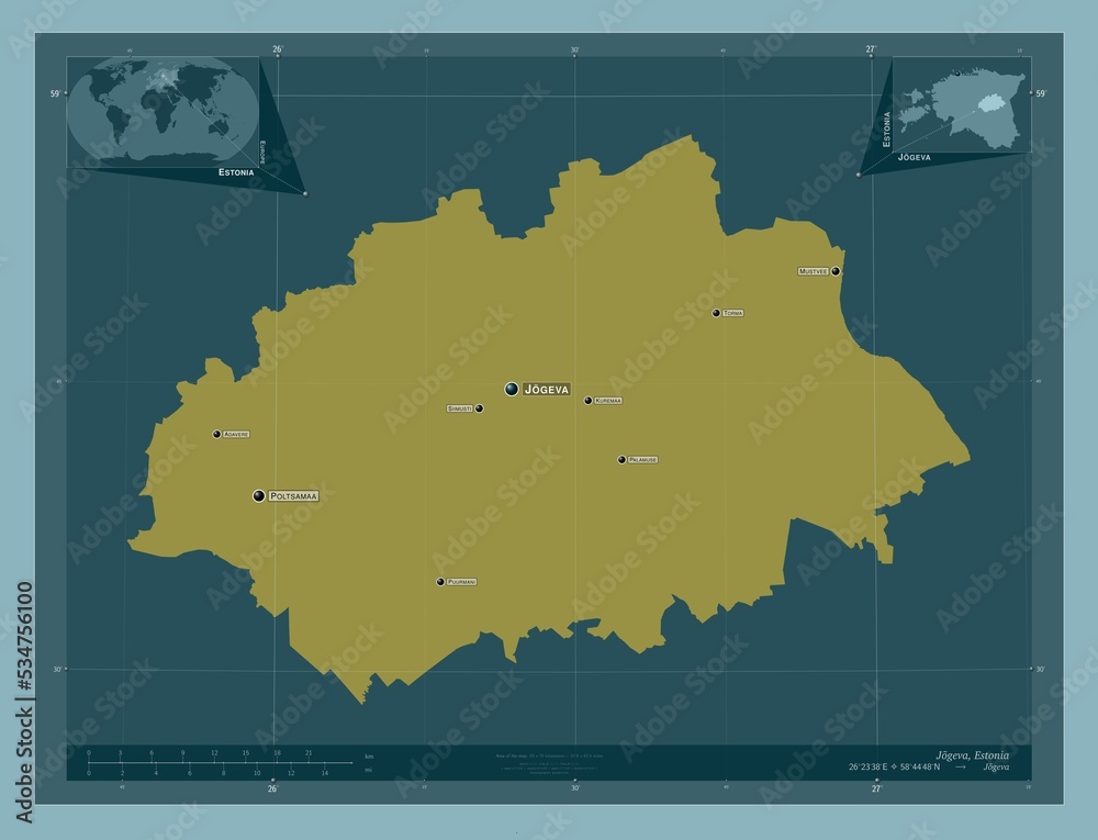 Jogeva, Estonia. Solid. Labelled points of cities