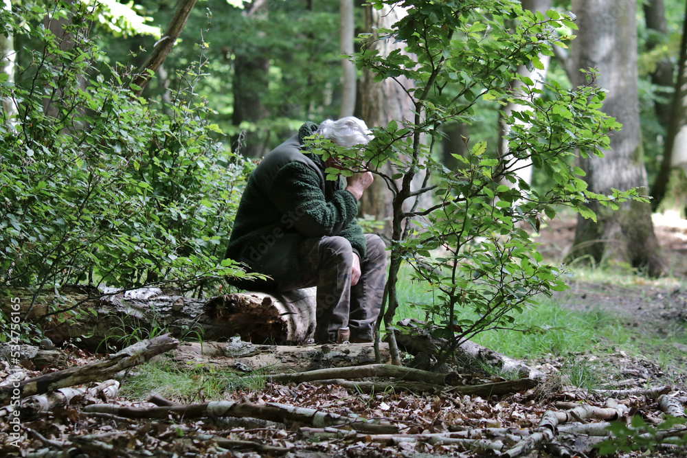alter Mann sitzt allein und verzweifelt im Wald