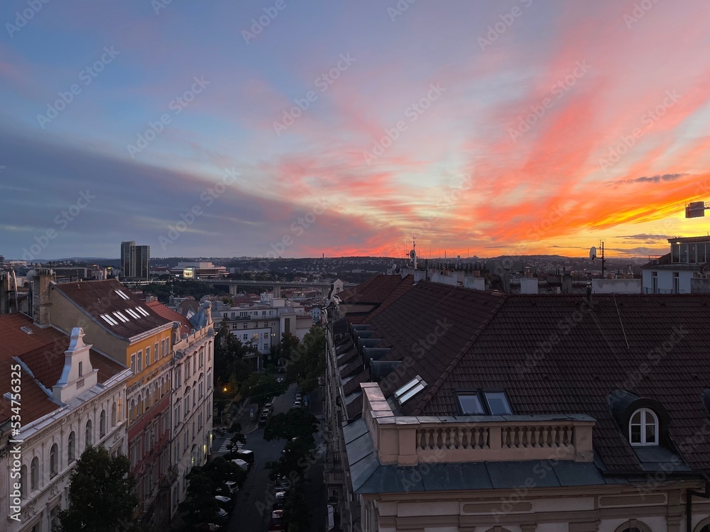 Amazing aerial drone shot of old town of Prague, Czhehia at sunset