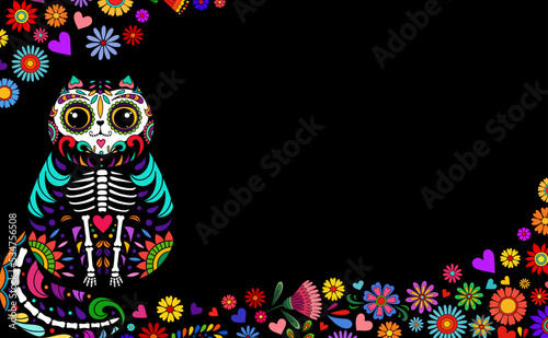 Day of the Dead banner. Dia de los muertos border. Day of the dead and mexican dead cat. Halloween background. Mexican tradition festival. Day of the dead sugar skull cat.
