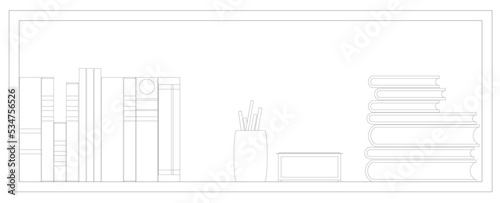 
Graphic illustration of an open bookshelf and some other decorations such as a flower pot on it. Drawn with CAD and in black and white.