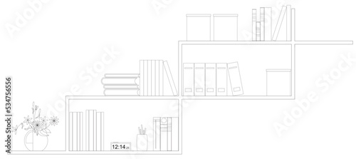  Graphic illustration of an open bookshelf and some other decorations such as a flower pot on it. Drawn with CAD and in black and white.