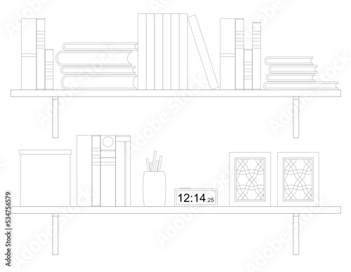 
Graphic illustration of an open bookshelf and some other decorations such as a flower pot on it. Drawn with CAD and in black and white.