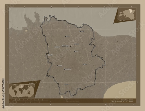 Laane-Viru, Estonia. Sepia. Labelled points of cities photo