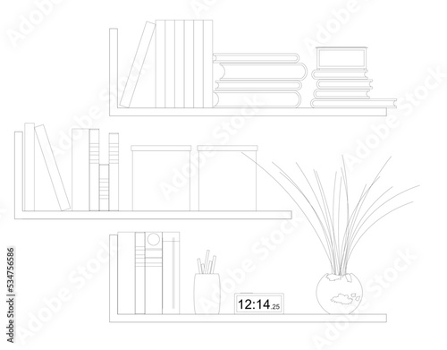 
Graphic illustration of an open bookshelf and some other decorations such as a flower pot on it. Drawn with CAD and in black and white.