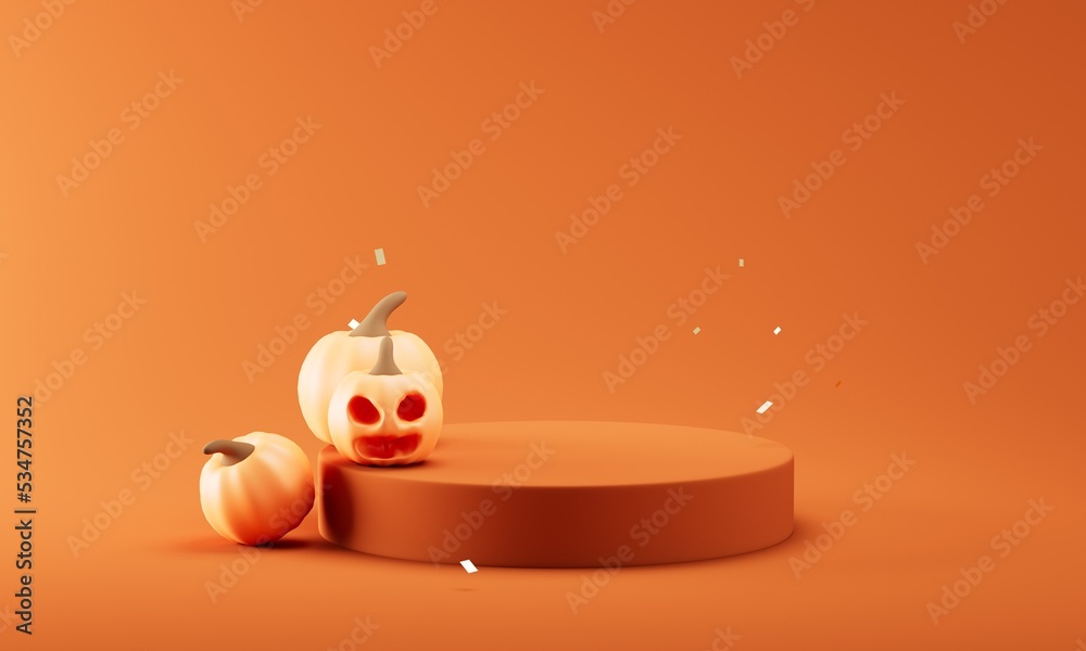 Three Pumpkins on a orange colored background. Autumn themed Banner with copy-space.3d illustration.