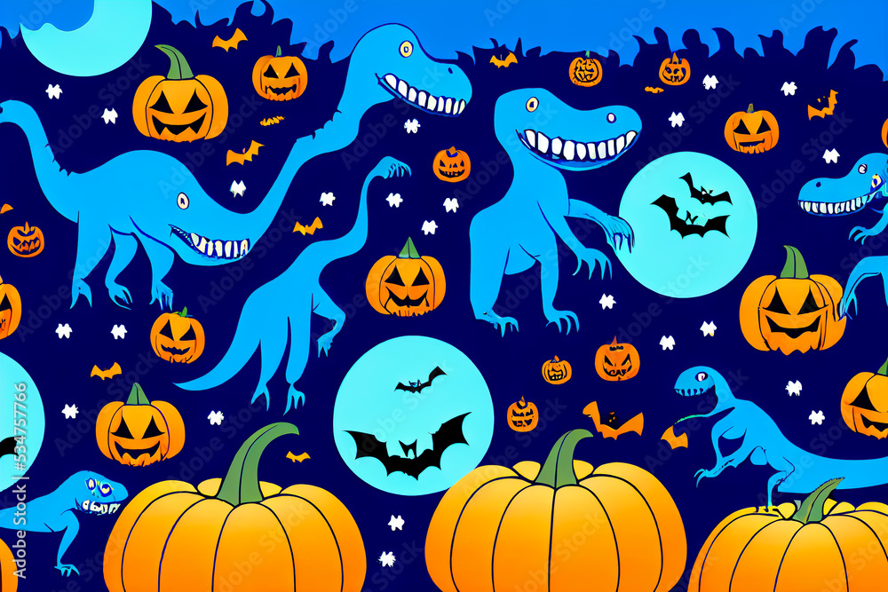 Halloween decor for children who love dinosaurs, wallpaper or scary mural, blue dinosaur and orange pumpkins