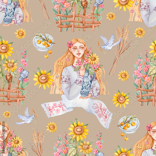 Wallpaper Mural Seamless pattern with a Ukrainian woman in a traditional embroidered shirt with a jug with flowers in her hands and other Ukrainian attributes painted in watercolor. Torontodigital.ca