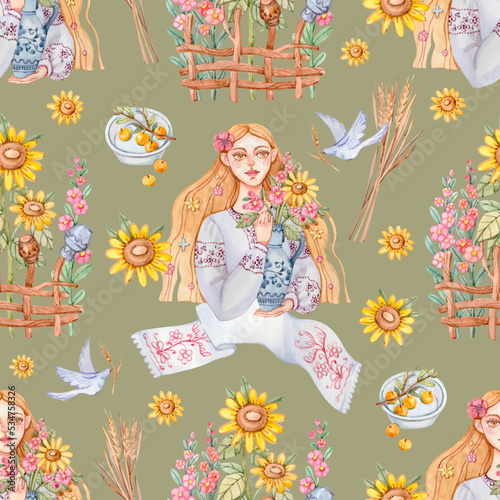 Wallpaper Mural Seamless pattern with a Ukrainian woman in a traditional embroidered shirt with a jug with flowers in her hands and other Ukrainian attributes painted in watercolor. Torontodigital.ca