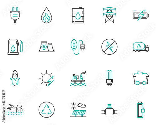 set of energy line icons, electric power, gas, clean energy