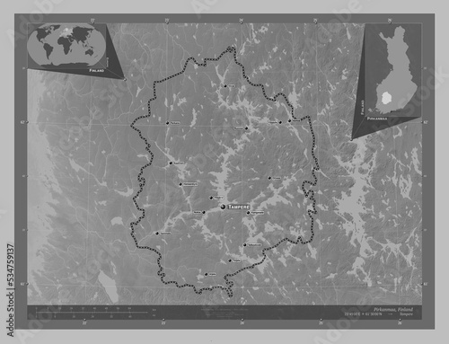 Pirkanmaa, Finland. Grayscale. Labelled points of cities photo