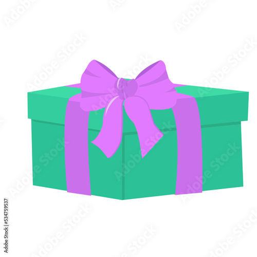 Gift box with a bow on a white background. Green box with purple decoration, parcel. Surprise for a holiday, New Year, Birthday, Christmas. Vector stock image, isolated.