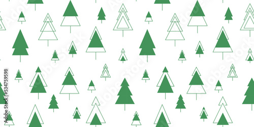 Seamless pattern with geometric Christmas trees, set with green trees, simple triangles on a white background. Color vector print for holiday wrapping paper, new year, textile design.
