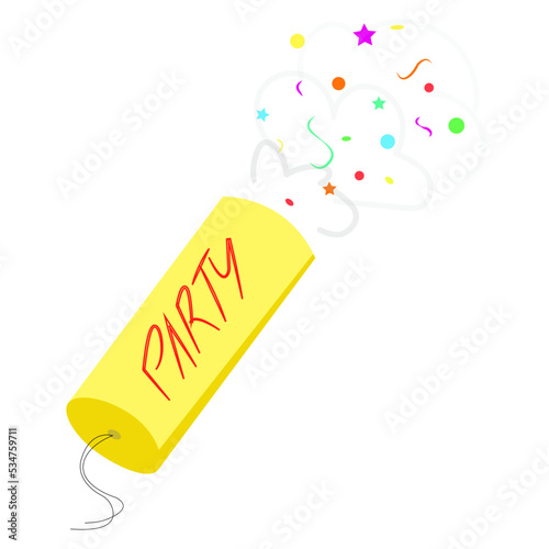 Yellow firecracker with confetti on a white background, festive surprise, explosion. Element of party, carnival, fiesta, celebration, fun atmosphere, birthday, new year. Vector stock image.