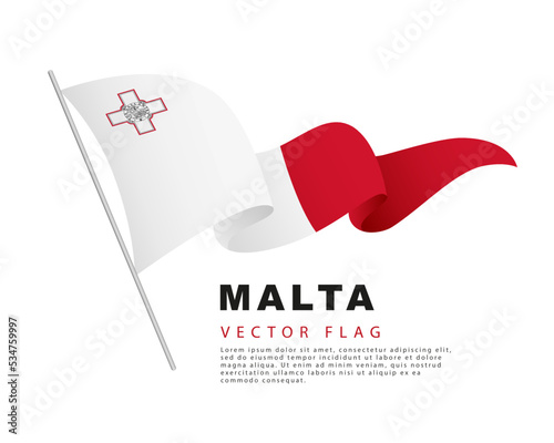 The flag of Malta hangs on a flagpole and flutters in the wind. Vector illustration isolated on white background.
