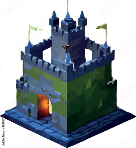 Vector isometric medieval low poly castle. 