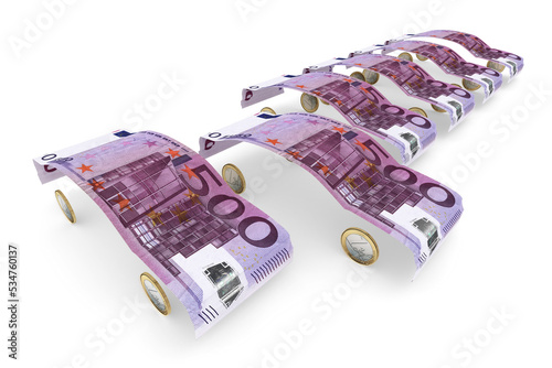 500-Euro-Geldscheine gefaltet zu Auto-Karroserien aufgereiht mit einem herausragendem "Fahrzeug"