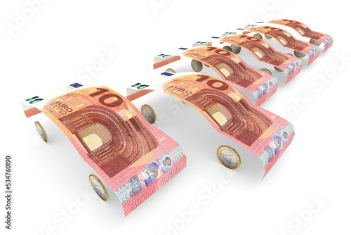 10-Euro-Geldscheine gefaltet zu Auto-Karroserien aufgereiht mit einem herausragendem "Fahrzeug" 02