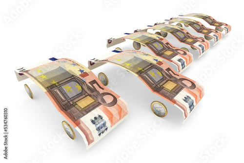 50-Euro-Geldscheine gefaltet zu Auto-Karroserien aufgereiht mit einem herausragendem "Fahrzeug"