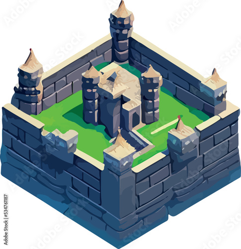 Vector isometric medieval low poly castle. 