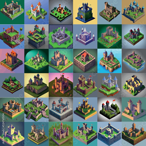 Vector isometric medieval low poly castle. Set