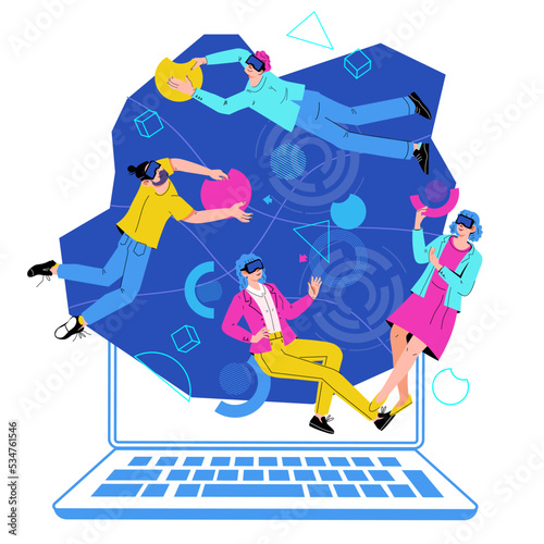 Metaverse and virtual reality technology, VR high-tech app for business. VR simulation application with people developing collaborative project, flat vector isolated on white background.