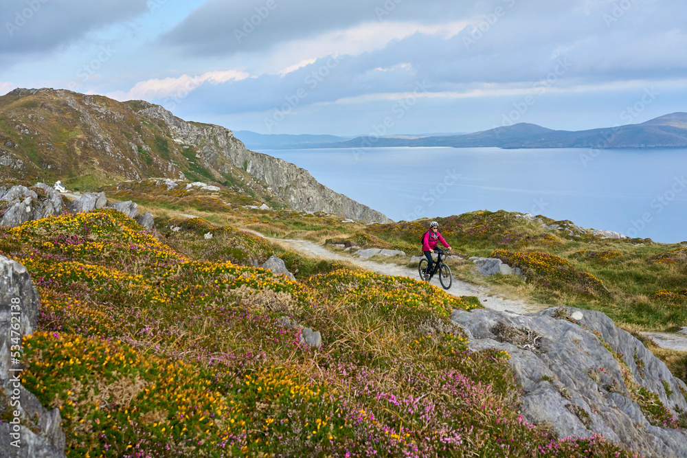 nice senior woman on mountain bike, cycling in sunset on the cliffs of Sheeps Head, County Cork, in the southnwestern part of the Republic of Ireland