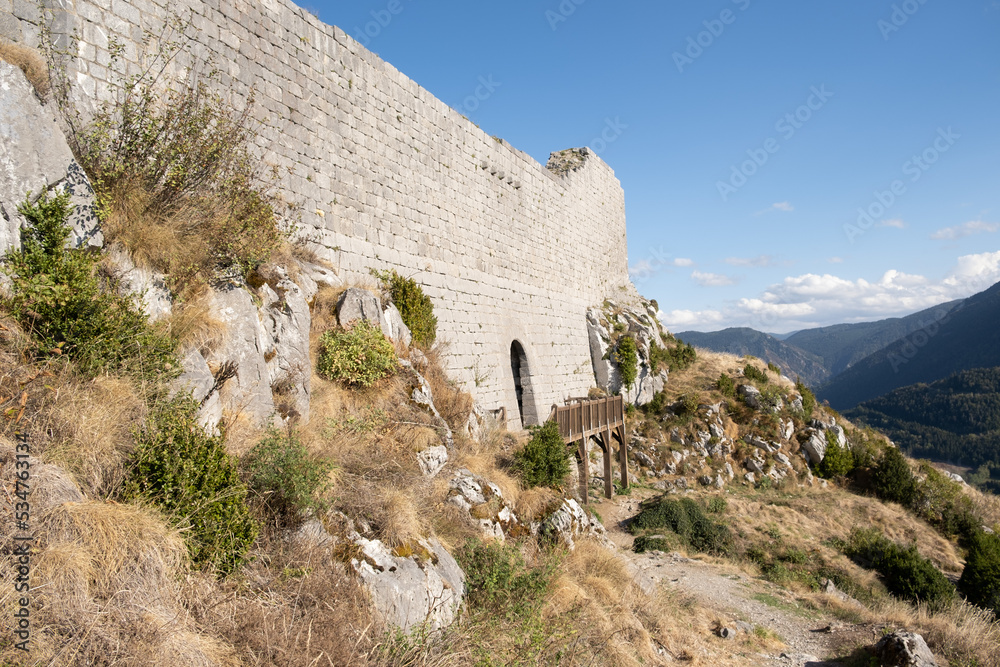 Ruines of Montsegur castle near Ariege in French Pyrenees, South France