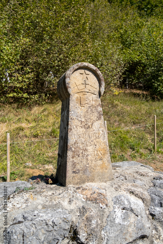 Stele of ths Castle Montsegur, Cathar country, Ariege, Midi Pyrenees, France Stele of ths Castle Montsegur, Cathar country, Ariege, Midi Pyrenees, France